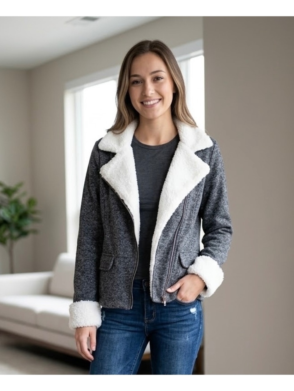 Ashley by 26 International Gray and White Faux Fur Trim Jacket XL